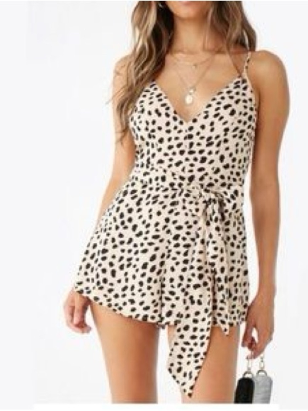 🐾 Main Strip Spotted V-Neck Tie-Waist Romper in Cream and Black